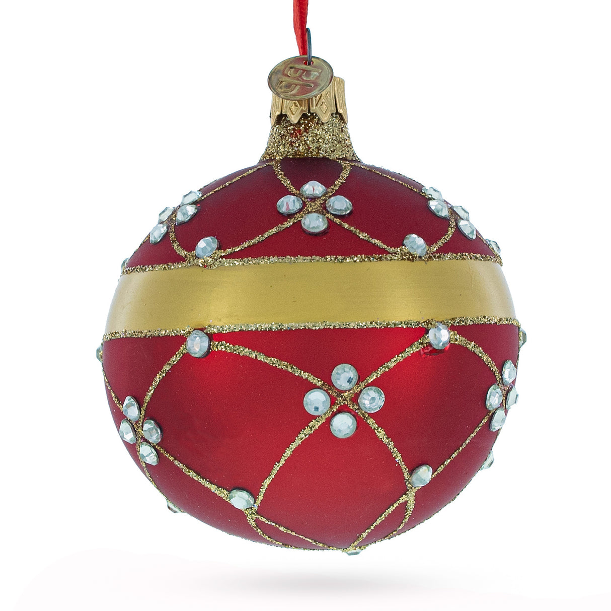 Regal Radiance: Glistening Diamond Trellis Pattern on Rich Ruby Red Hand-Painted Blown Glass Ball Christmas Ornament 3.25 Inches in Red color, Round shape