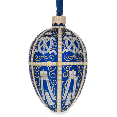 Glass 1896 Twelve Monograms Royal Glass Egg Ornament 4 Inches in Blue color Oval