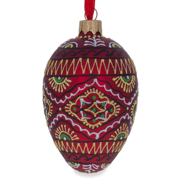 Red Geometric Ukrainian Egg Glass Christmas Ornament 4 Inches by BestPysanky