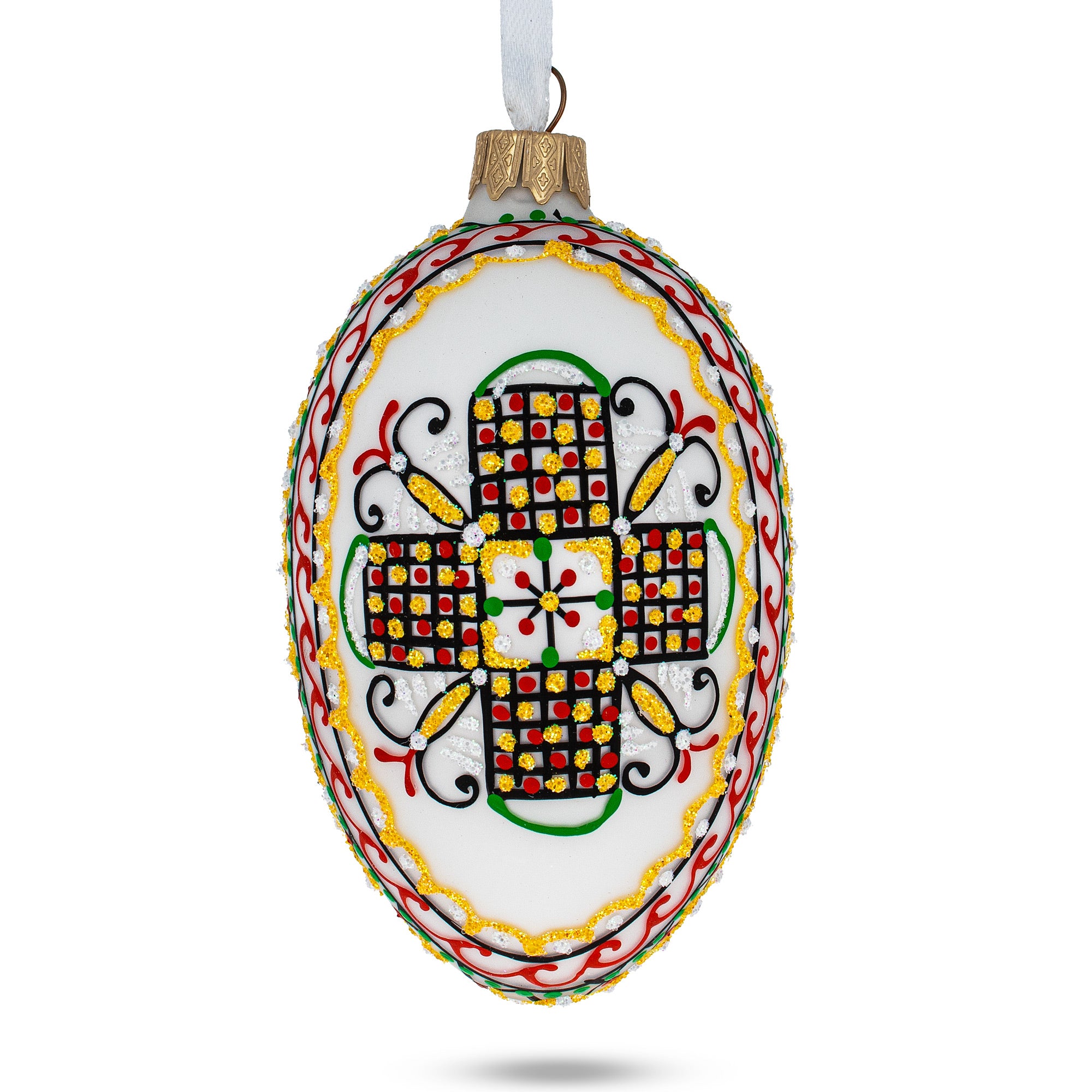 White Geometric Ukrainian Egg Glass Christmas Ornament 4 Inches in White color Oval
