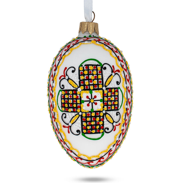 White Geometric Ukrainian Egg Glass Christmas Ornament 4 Inches in  color Oval