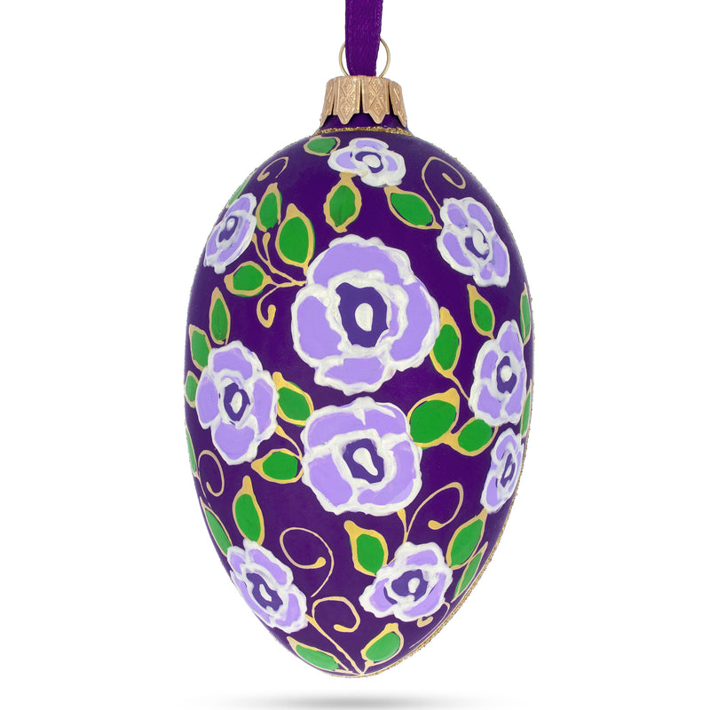 Purple Garden Flowers Egg Glass Ornament 4 Inches in Purple color, Oval shape