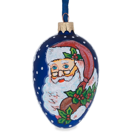 Glass Santa With Mistletoe Glass Egg Ornament 4 Inches in Blue color Oval