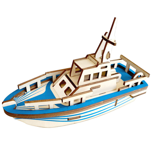 Cruiser Boat Model Kit - Wooden Laser-Cut 3D Puzzle (33 Pcs) in Blue color,  shape