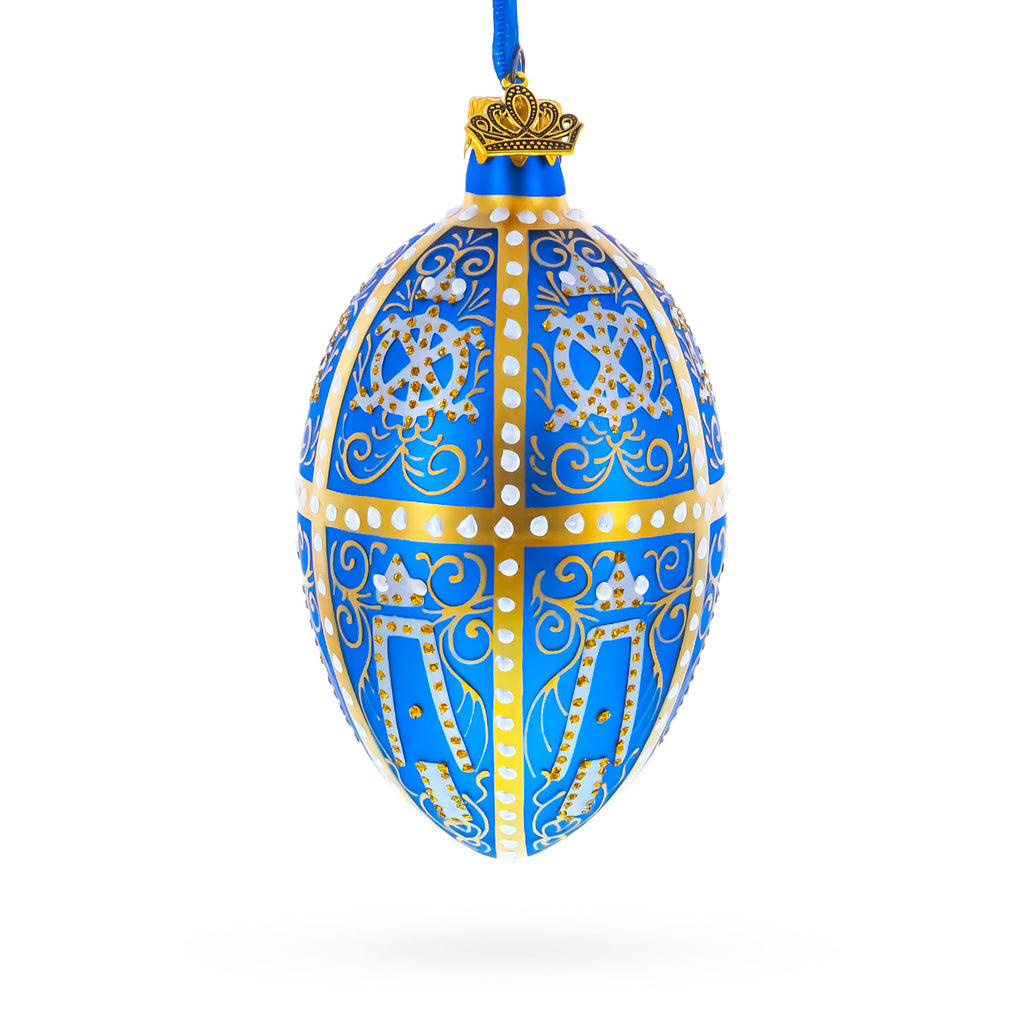1896 Twelve Monograms Royal Glass Egg Ornament 4 Inches in Blue color Oval