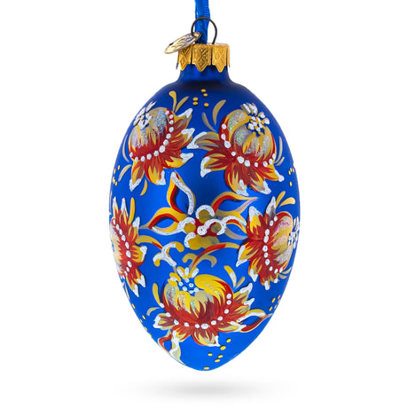 Glass Golden Blue Floral Glass Egg Ornament 4 Inches in Blue color Oval