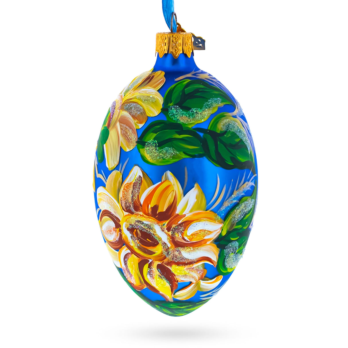 Sunflowers on Blue Glass Egg Ornament 4 Inches in Green color, Oval shape