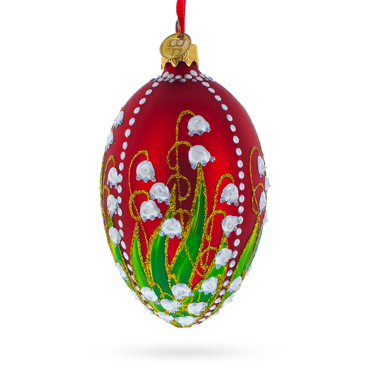 1898 Lilies of the Valley Royal Egg Glass Ornament 4 Inches in Red color, Oval shape