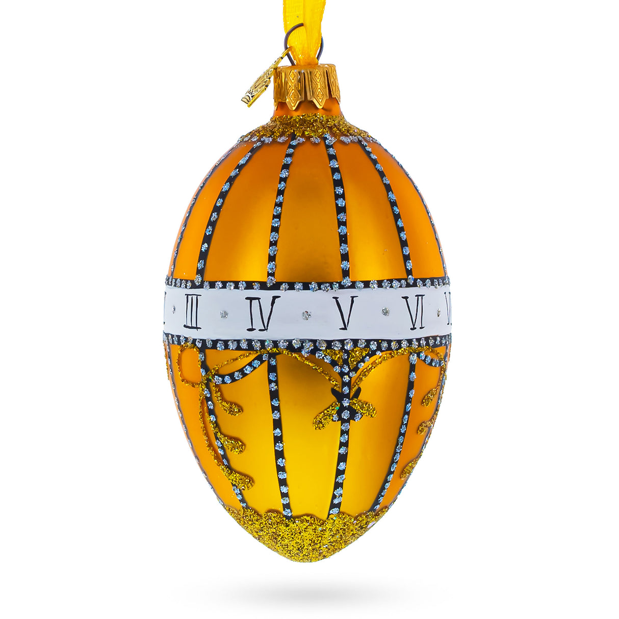 1899 Bouquet of Lilies Clock Royal Egg Glass Ornament 4 Inches in Gold color, Oval shape