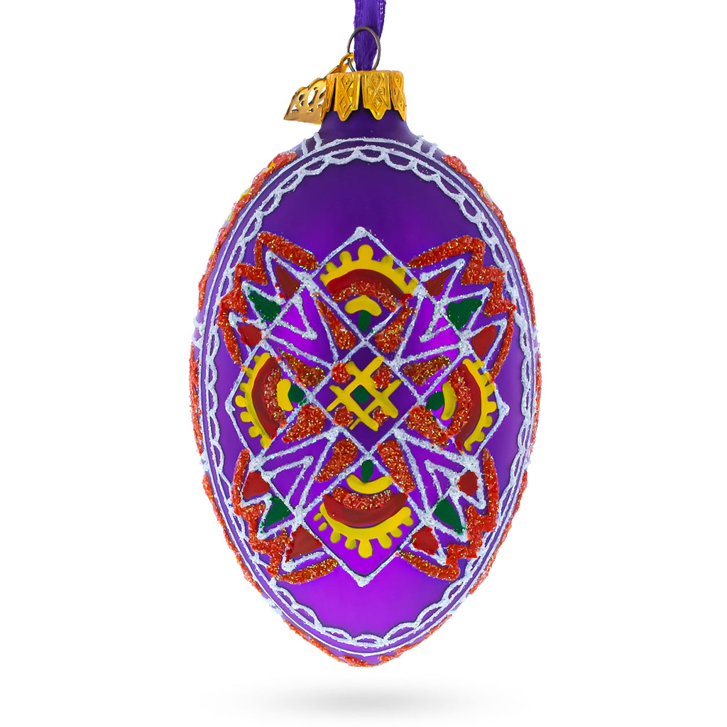 Purple Geometric Ukrainian Egg Glass Christmas Ornament 4 Inches in Purple color Oval