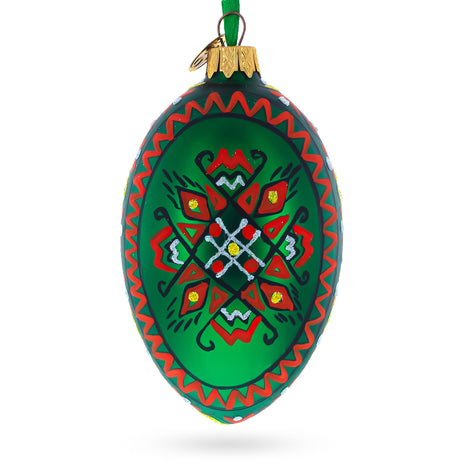 Glass Green Geometric Ukrainian Egg Glass Christmas Ornament 4 Inches in Green color Oval