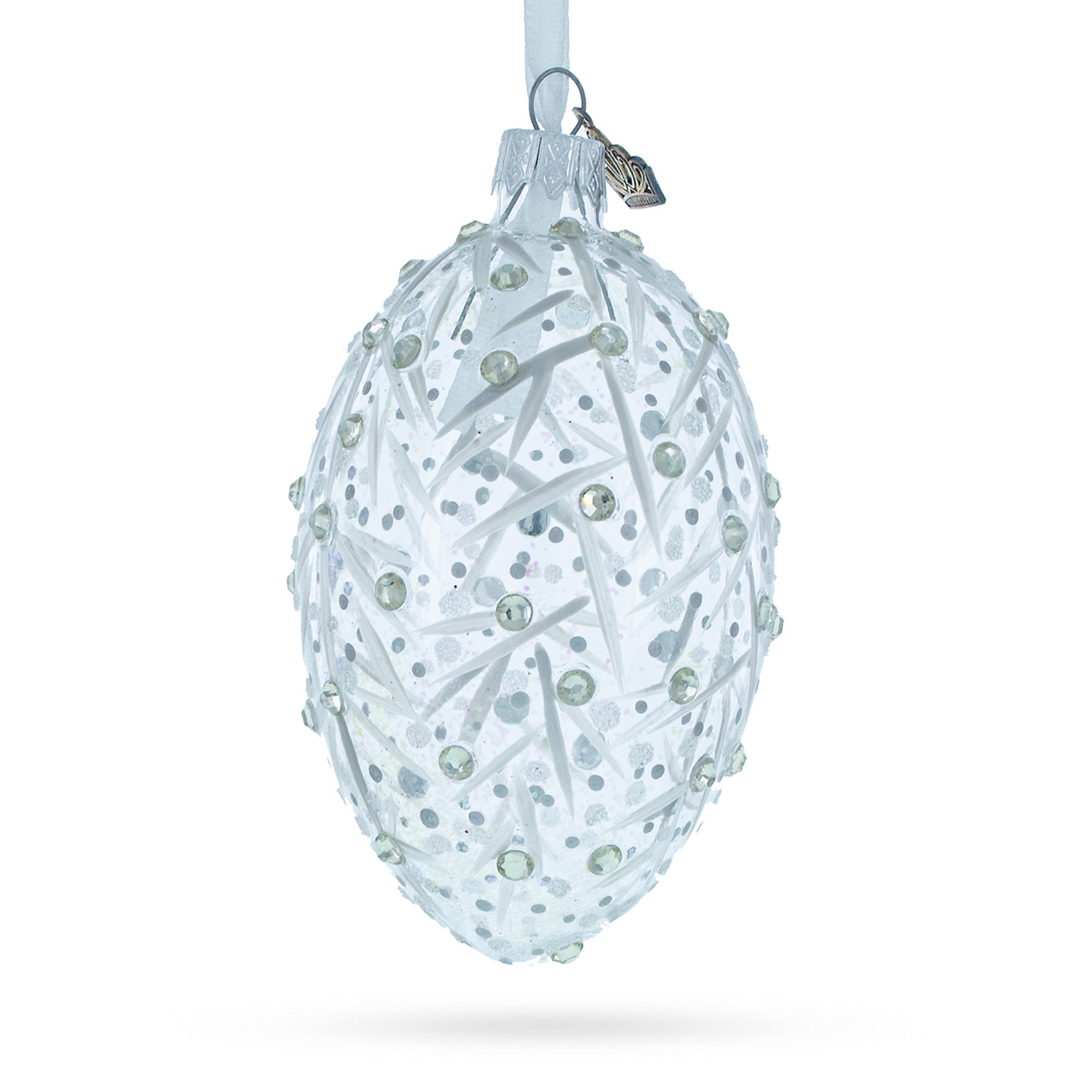Silver Branches Glass Egg Christmas Ornament 4 Inches in Silver color Oval
