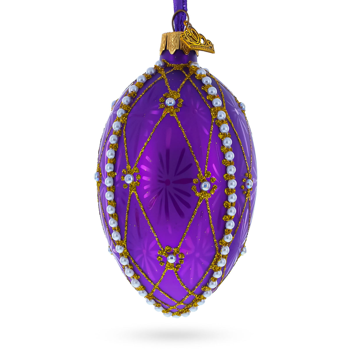 Pearls On Purple Guilloche Glass Egg Christmas Ornament 4 Inches in Purple color, Oval shape