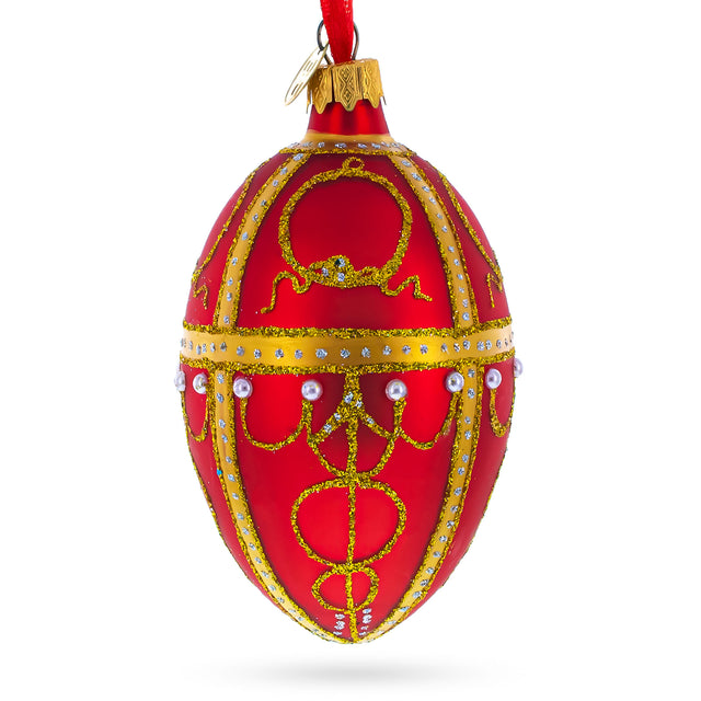 1895 Rosebud Royal Egg Glass Ornament 4 Inches in Red color, Oval shape