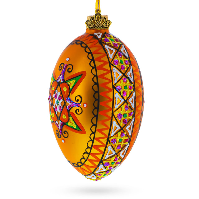 Gold Geometric Ukrainian Egg Glass Christmas Ornament 4 Inches in Gold color Oval