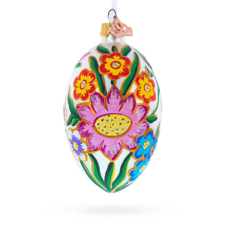 Colorful Flowers Glass Egg Ornament 4 Inches in Red color Oval