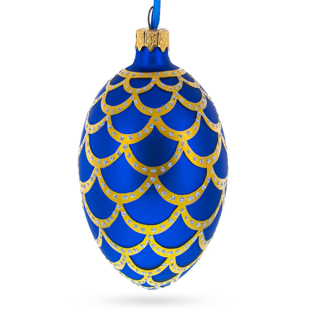 1900 Pine Cone Royal Egg Glass Ornament 4 Inches in Blue color Oval
