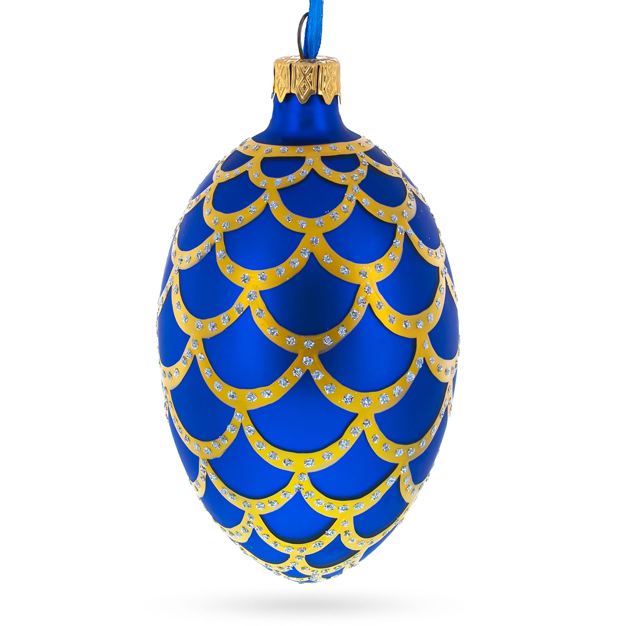 1900 Pine Cone Royal Egg Glass Ornament 4 Inches in Blue color Oval