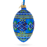 Blue Geometric Ukrainian Egg Glass Christmas Ornament 4 Inches in Blue color, Oval shape