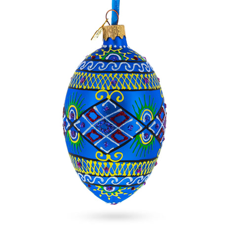 Blue Geometric Ukrainian Egg Glass Christmas Ornament 4 Inches in Blue color Oval