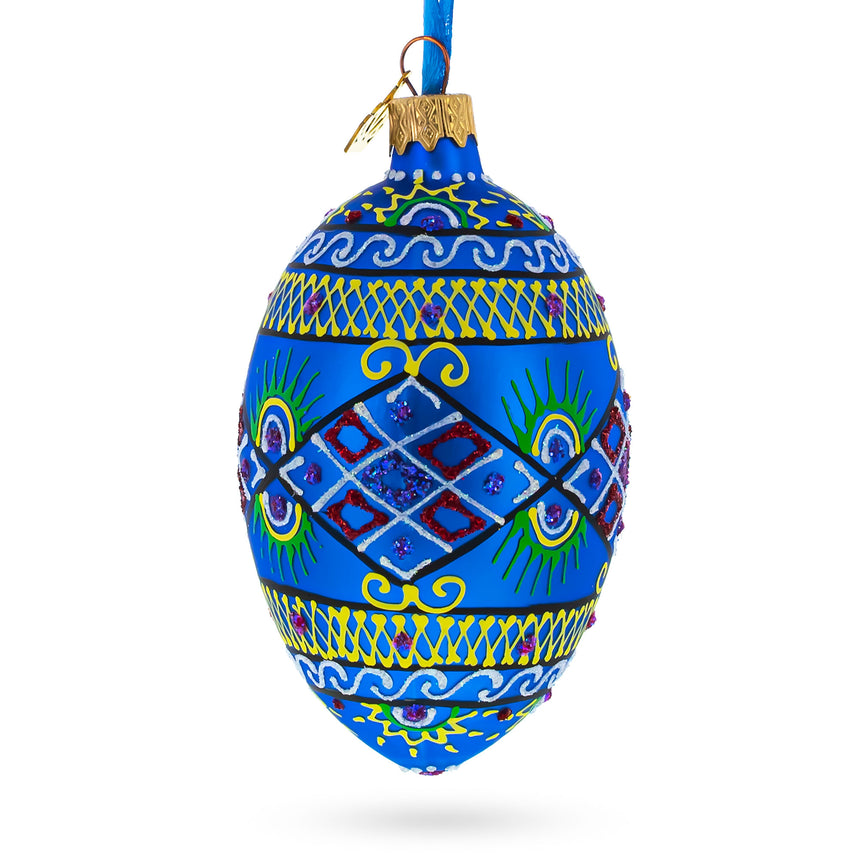 Blue Geometric Ukrainian Egg Glass Christmas Ornament 4 Inches in Blue color Oval