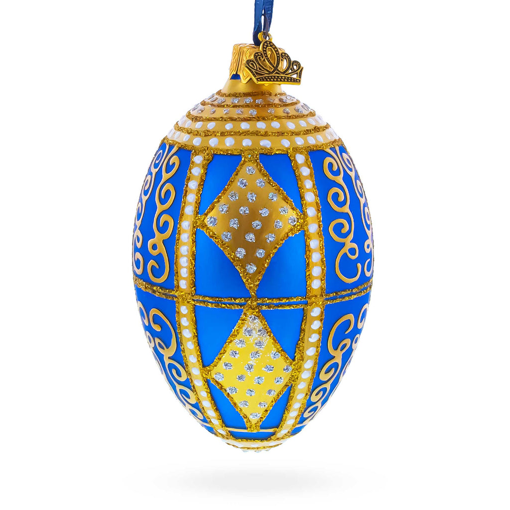 Golden Rhombus Glass Egg Christmas Ornament 4 Inches in Blue color Oval