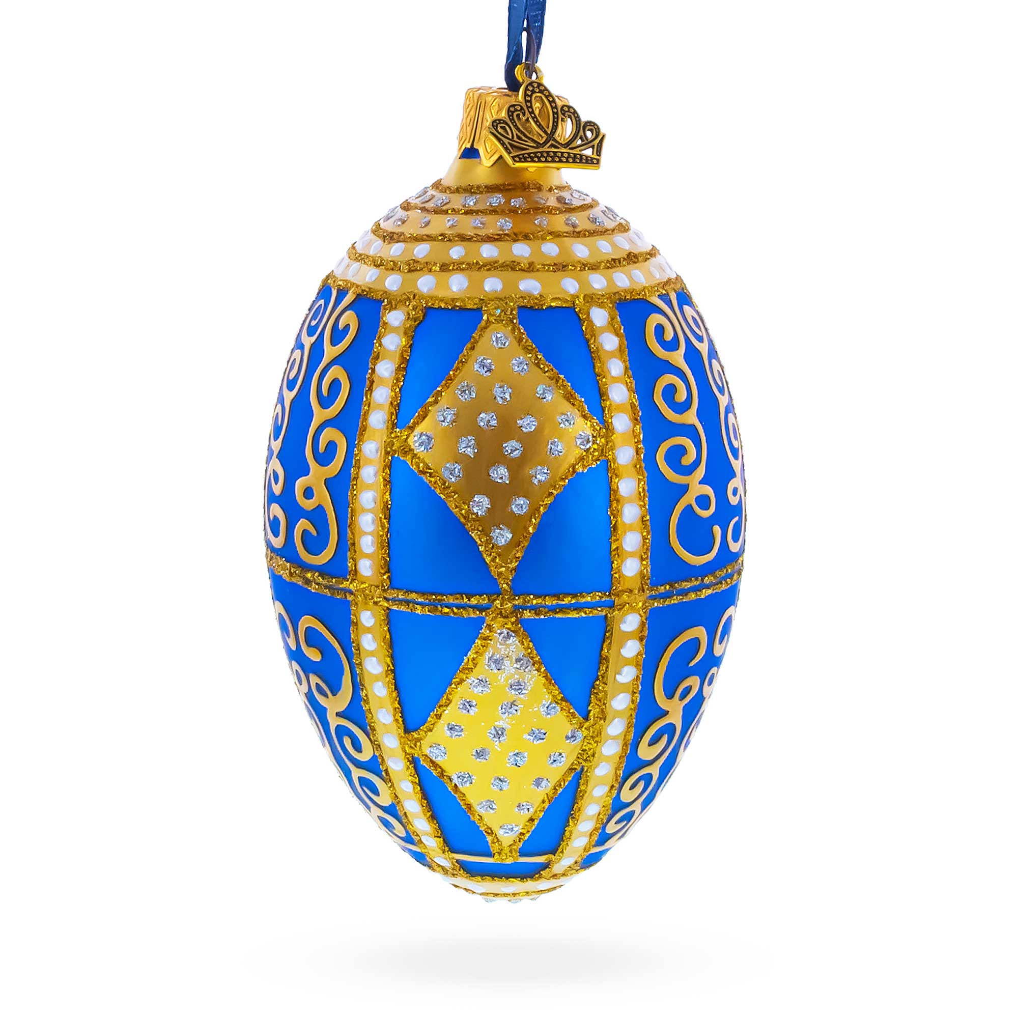 Golden Rhombus Glass Egg Christmas Ornament 4 Inches in Blue color Oval