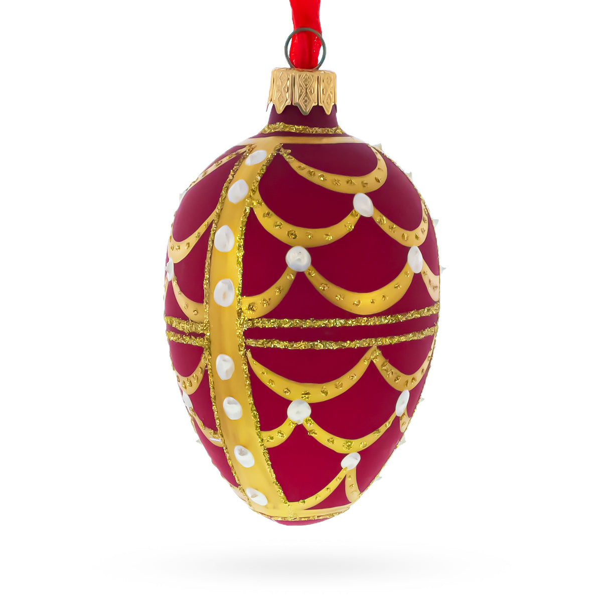 Gold Arches On Red Egg Glass Ornament 4 Inches in Red color, Oval shape