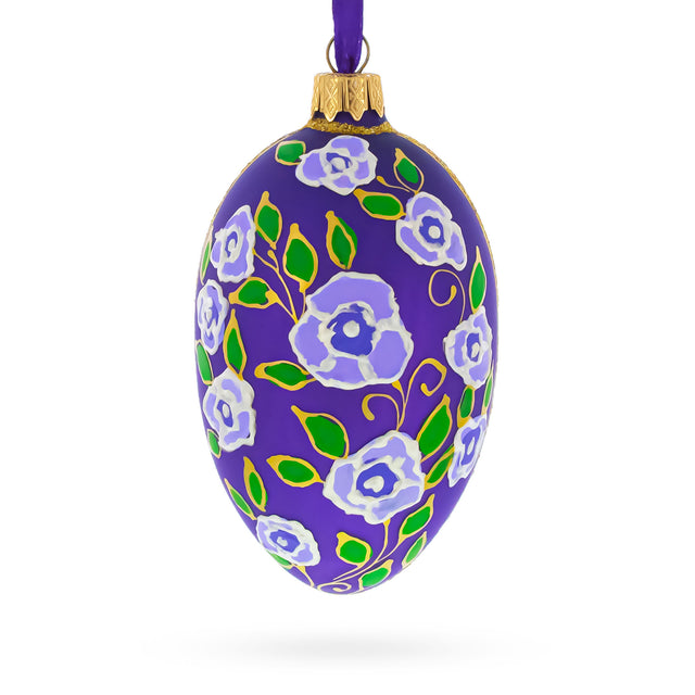 Purple Garden Flowers Egg Glass Ornament 4 Inches in Purple color Oval