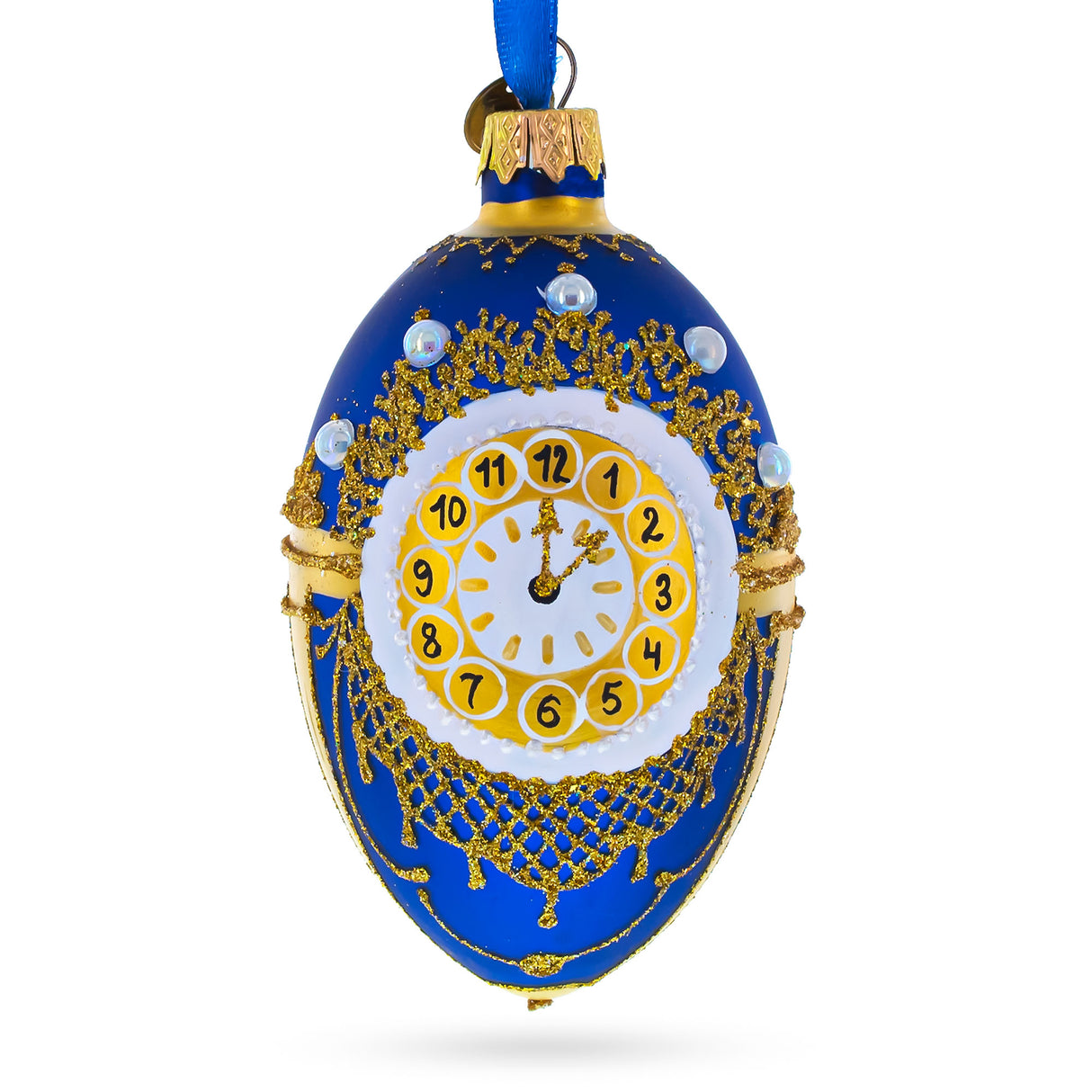 1900 Cockerel Royal Egg Glass Ornament 4 Inches in Blue color, Oval shape