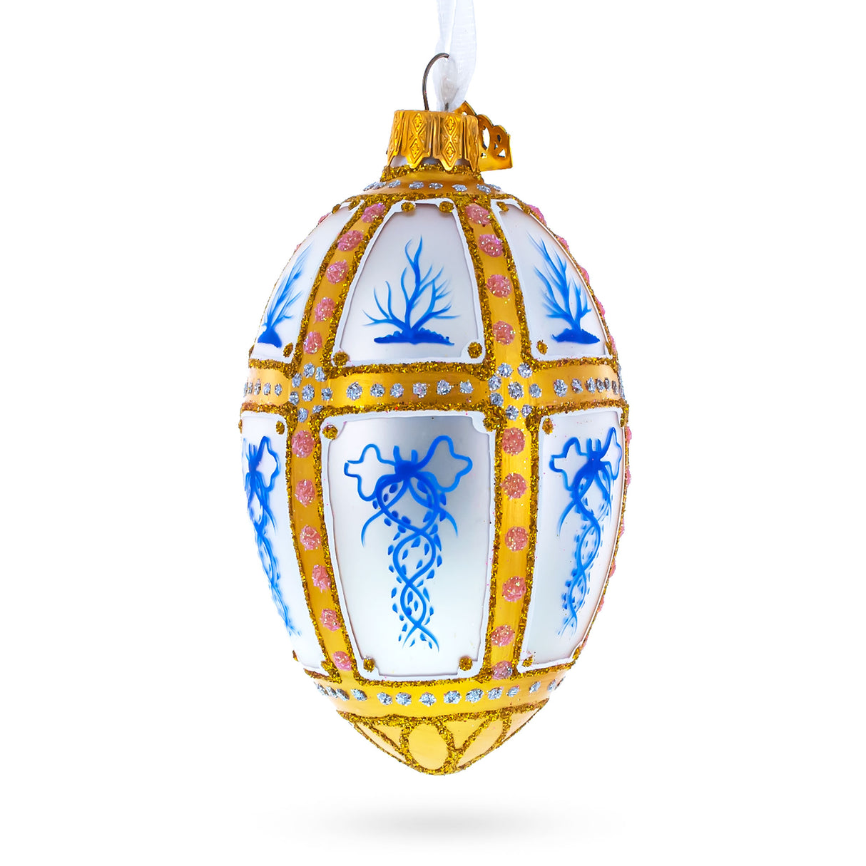 1899 Kelch 12 Panel Royal Egg Glass Ornament 4 Inches in White color, Oval shape