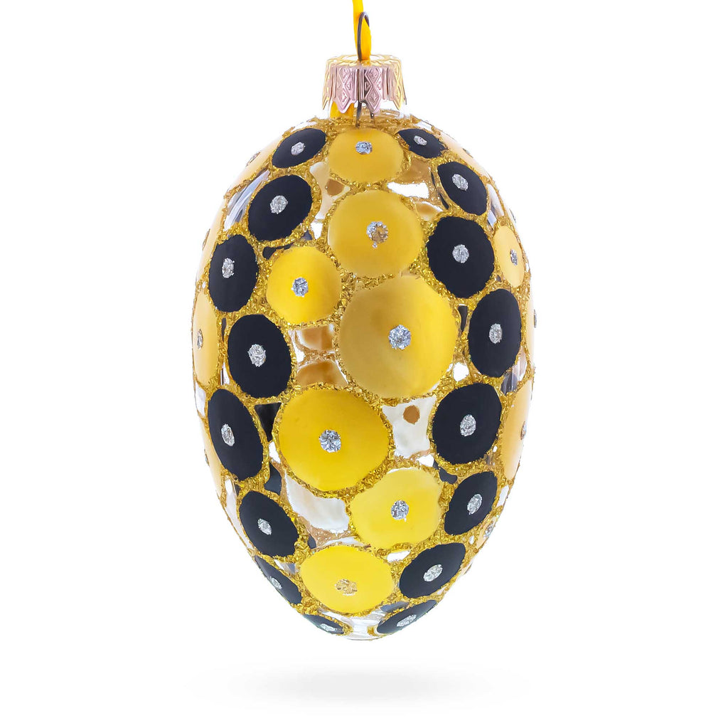 Gold and Black Circles Glass Egg Christmas Ornament 4 Inches in Gold color Oval