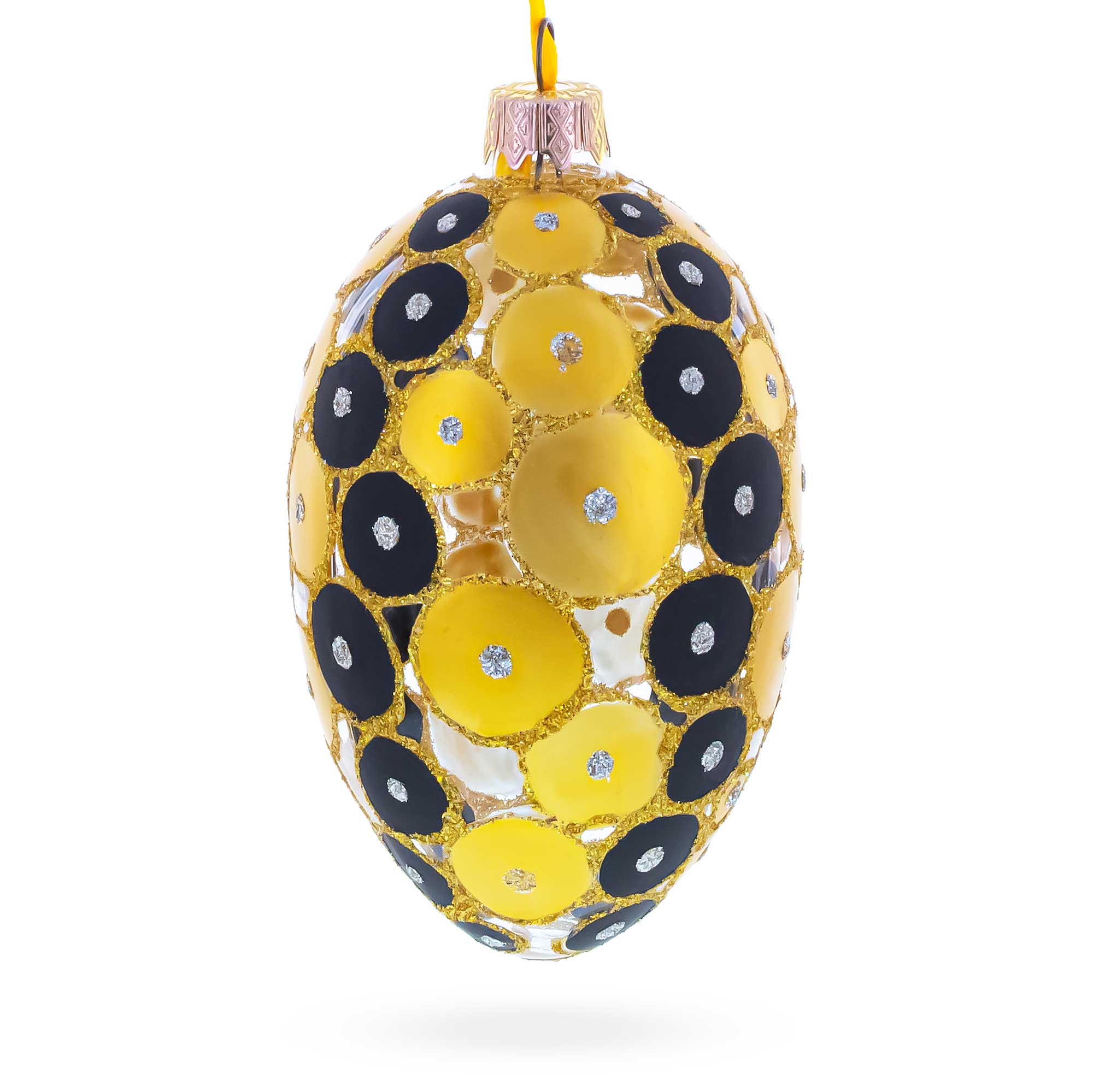 Gold and Black Circles Glass Egg Christmas Ornament 4 Inches in Gold color Oval