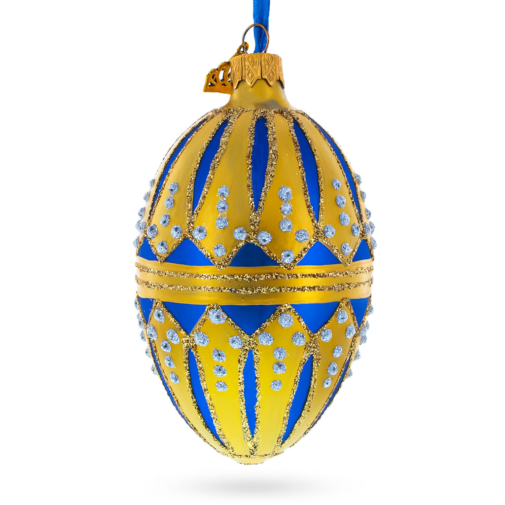 Glass Blue Enamel Royal Inspired Egg Glass Ornament 4 Inches in Blue color Oval