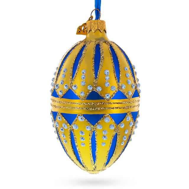 Blue Enamel Royal Inspired Egg Glass Ornament 4 Inches in Blue color Oval