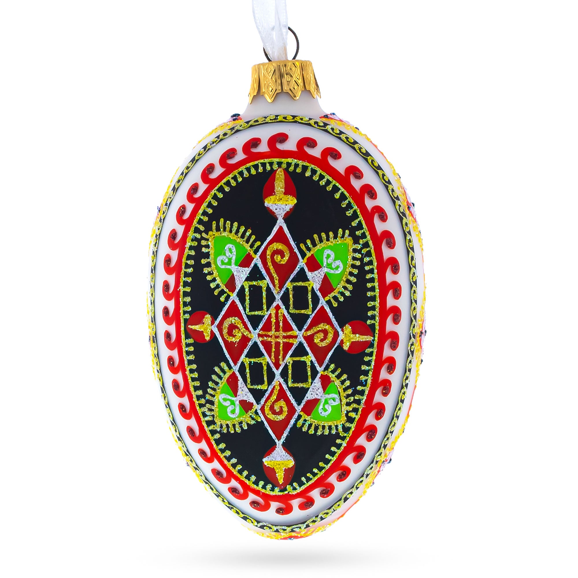Rhombus Pysanka Glass Egg Ornament 4 Inches in Red color Oval