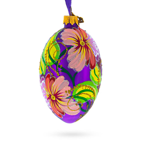 Flowers on Purple Glass Egg Ornament 4 Inches in Purple color, Oval shape