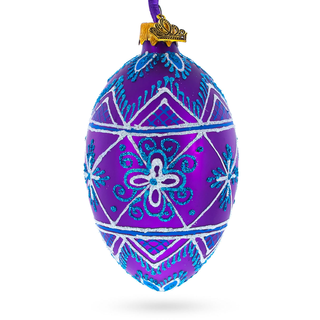White Stars on Purple Glass Egg Ornament 4 Inches in Purple color, Oval shape