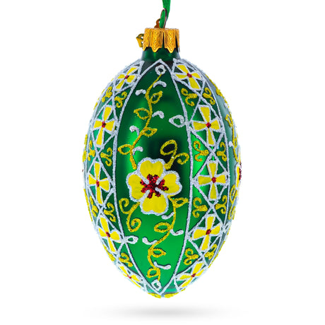 Glass Gold Crosses on Green Ukrainian Glass Egg Ornament 4 Inches in Green color Oval