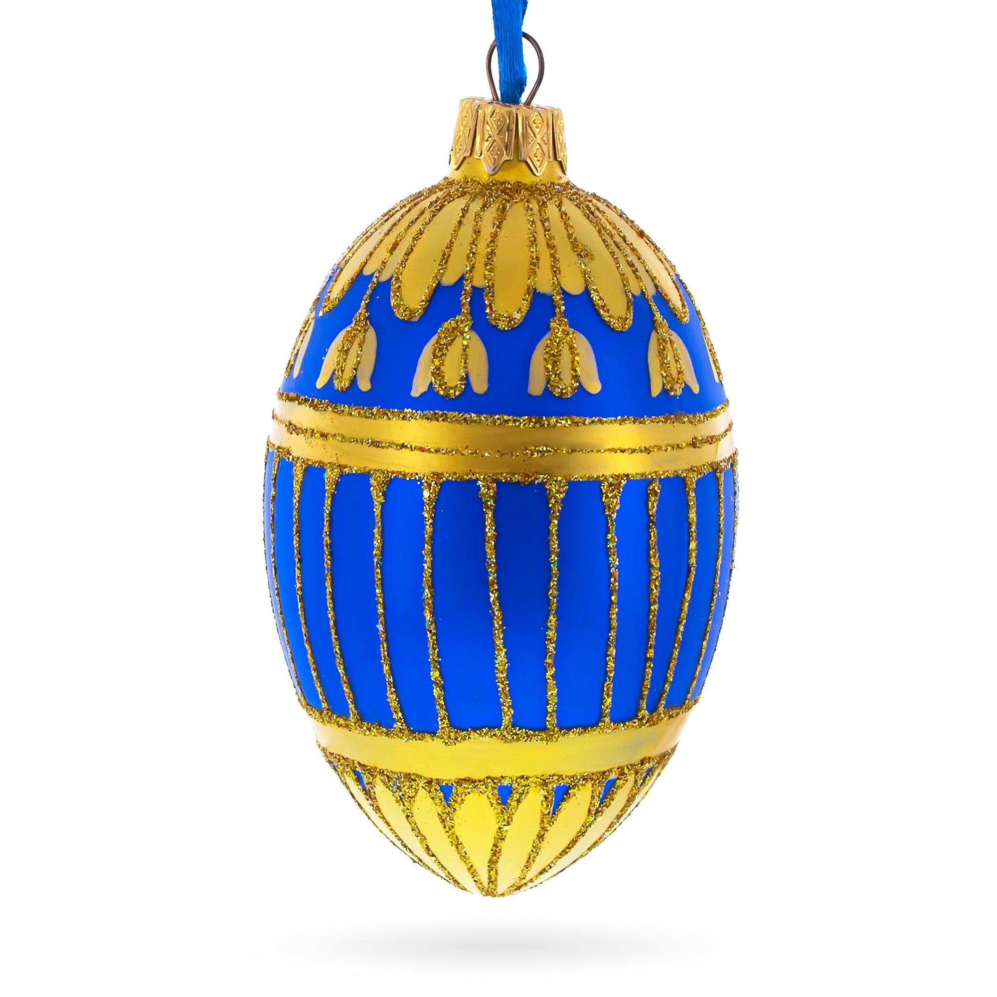 1885 Blue Enamel Ribbed Royal Egg Glass Ornament 4 Inches in Blue color Oval