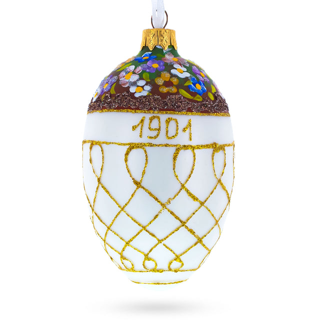 1901 Basket of Flowers Royal Egg Glass Ornament 4 Inches in White color, Oval shape