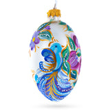 Bird & Floral Design Folk Art Glass Egg Ornament 4 Inches in Blue color Oval