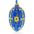 Blue with Yellow Floral Design Glass Egg Ornament 4 Inches in Blue color Oval
