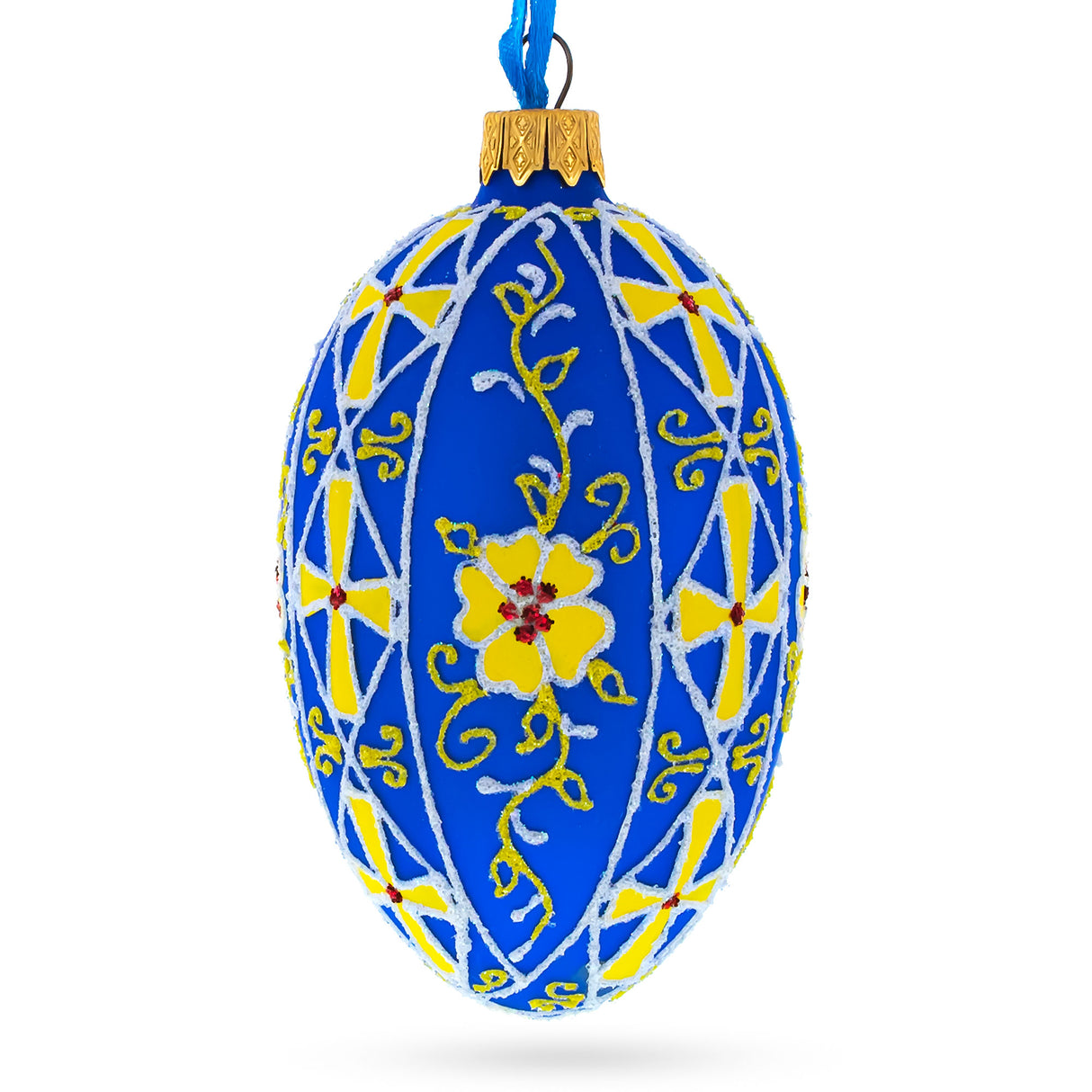 Glass Sunlit Blossoms: Blue with Yellow Floral Design Glass Egg Ornament 4 Inches in Blue color Oval