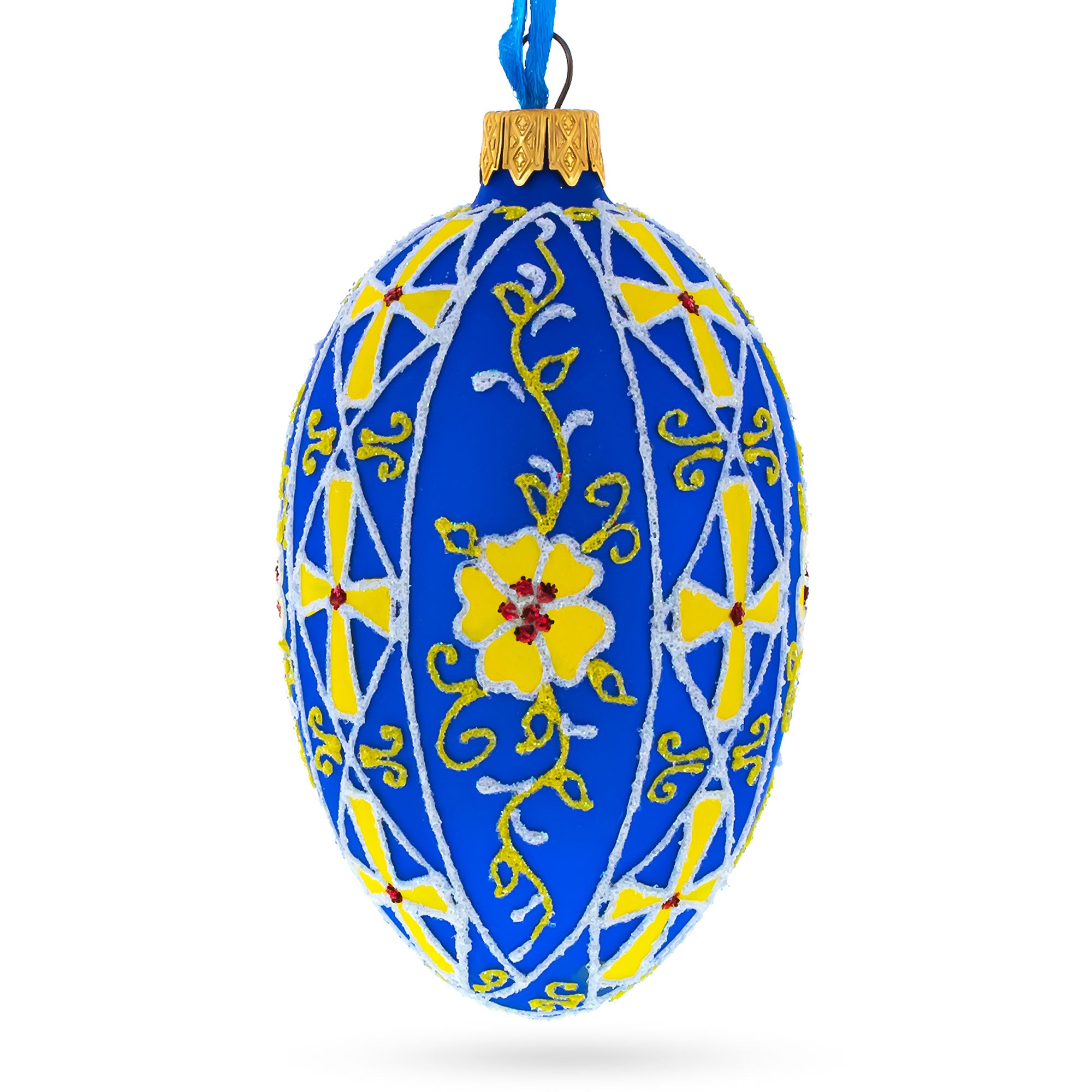 Blue with Yellow Floral Design Glass Egg Ornament 4 Inches in Blue color Oval