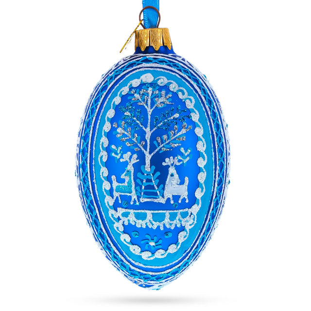 Two Deer in Forest Ukrainian Glass Egg Ornament 4 Inches in Blue color, Oval shape