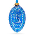 Two Deer in Forest Ukrainian Glass Egg Ornament 4 Inches in Blue color Oval