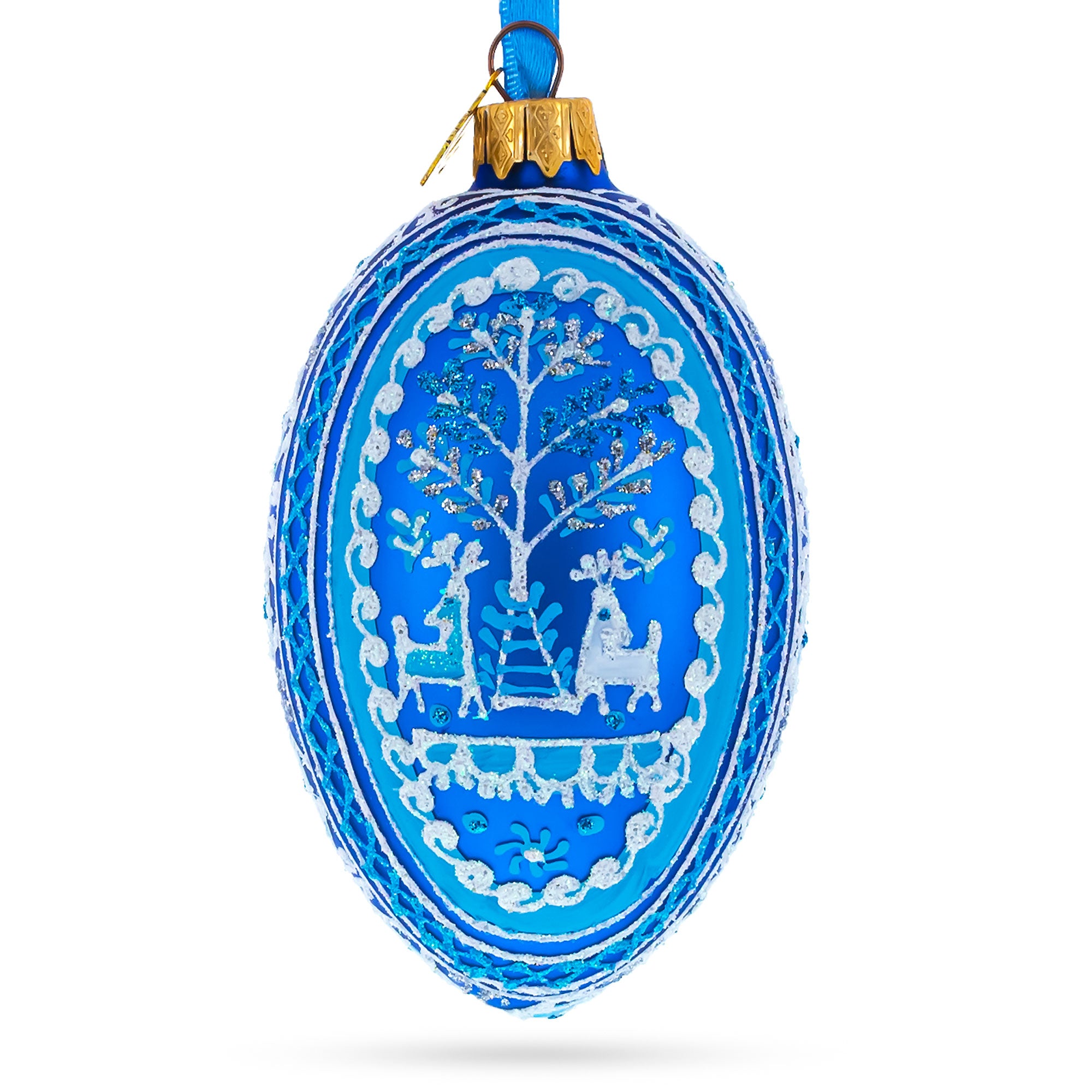 Two Deer in Forest Ukrainian Glass Egg Ornament 4 Inches in Blue color Oval