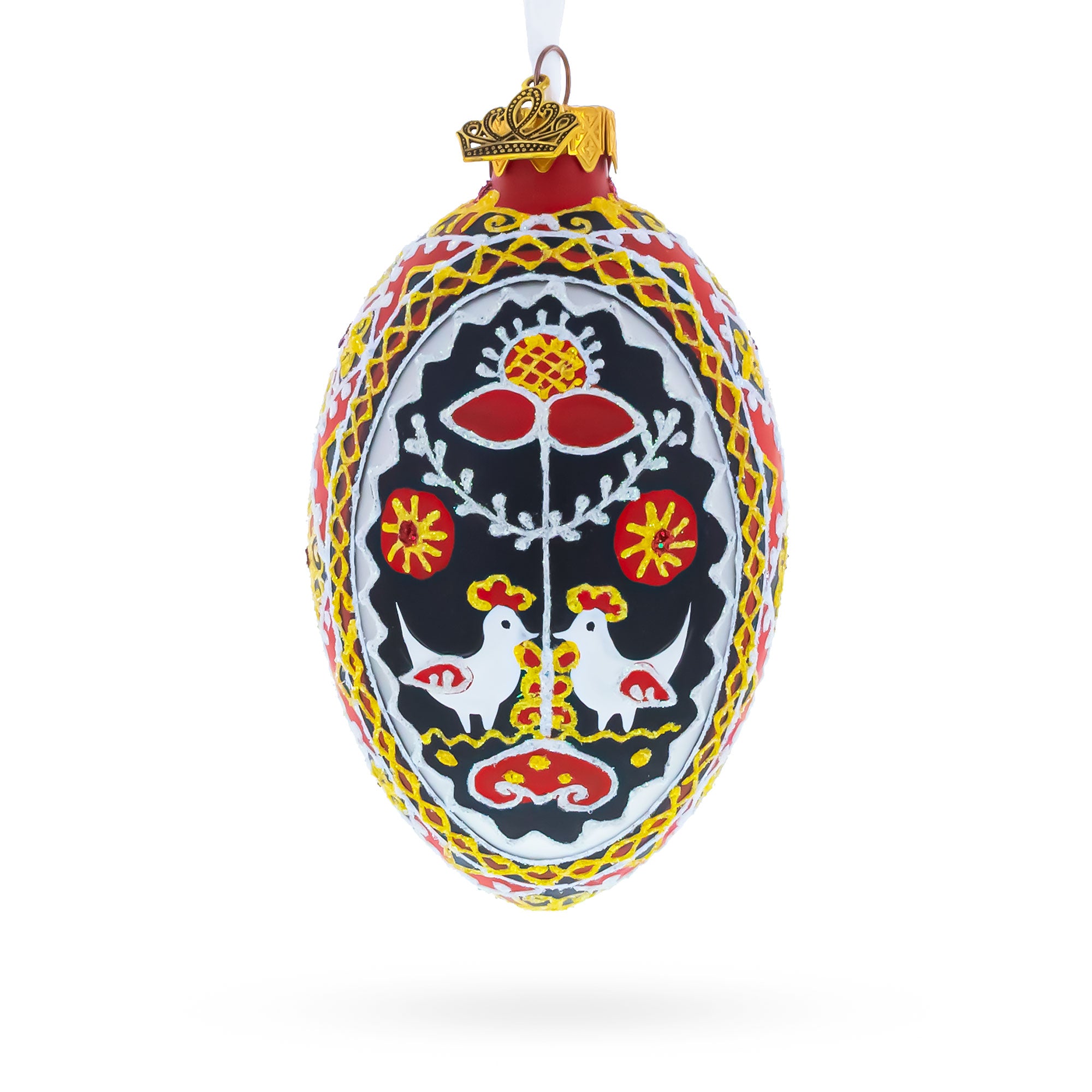Two Roosters Ukrainian Glass Egg Ornament 4 Inches in Multi color Oval