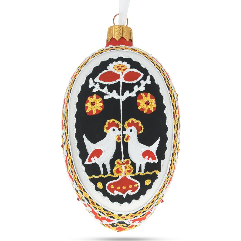 Glass Two Roosters Ukrainian Glass Egg Ornament 4 Inches in Red color Oval